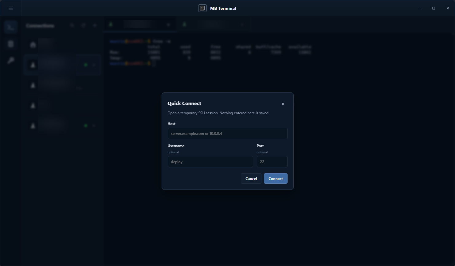 MadeBasic Terminal Quick Connect dialog for starting an SSH session