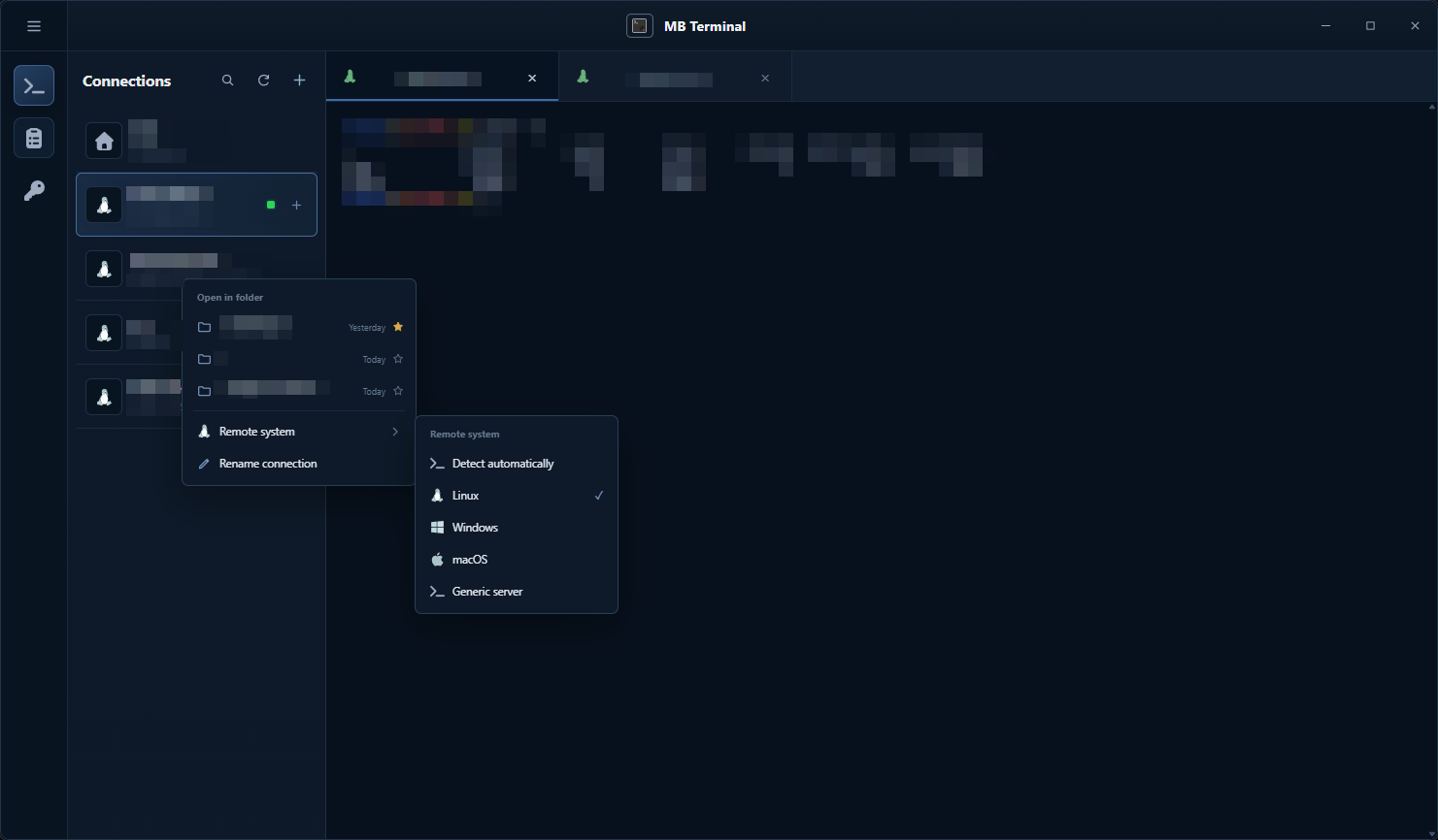 MadeBasic Terminal menu for setting the remote system type