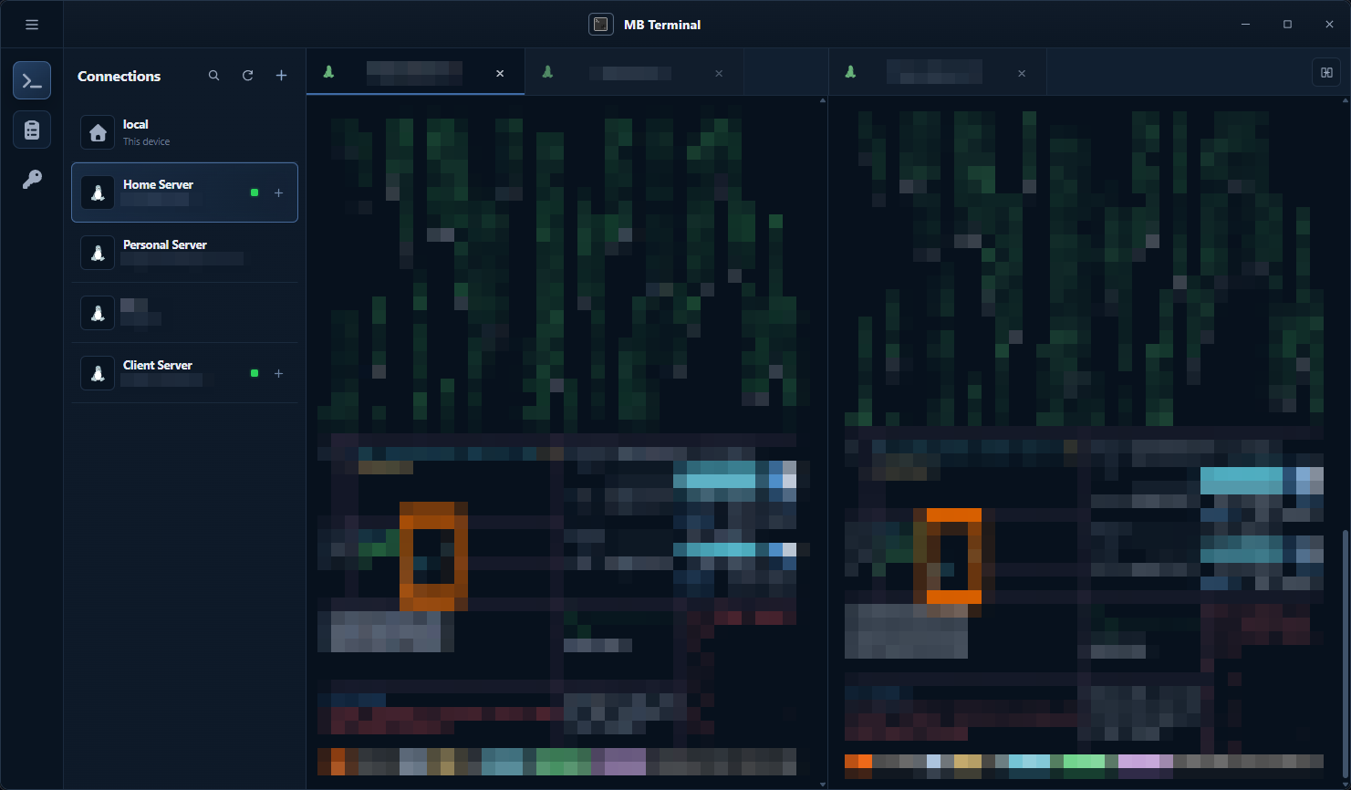MadeBasic Terminal showing two sessions side by side in split view